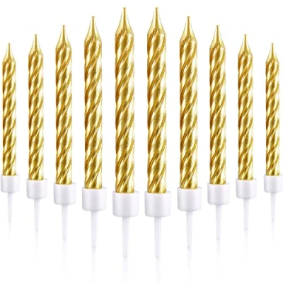Abbildung von Blulu 50 Stück Spiral Kuchen Kerzen in Halterungen Metallisch Cupcake Kurze Dünne für Geburtstag Hochzeit Party Dekorationen (Gold)