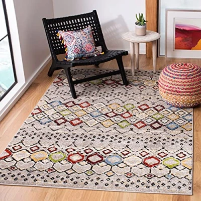 Abbildung von SAFAVIEH Boho Teppich für Wohnzimmer, Esszimmer, Schlafzimmer Amsterdam Collection, Kurzer Flor, Hellgrau und Multi, 155 X 229 cm