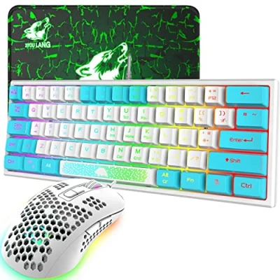 Abbildung von K61 UK Layout 60% Gaming Tastatur Maus Set Kabelgebundene 62 Tasten 7 RGB LED Hintergrundbeleuchtung 19 Anti Ghosting+ 2400 DPI Ultraleichte mit Wabenschale+Mauspad Weiß gemischt