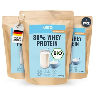Abbildung von Hans Brainfood 80% Bio Whey Protein Pulver Neutral 3x1kg von Kühen aus Bayern ohne Zucker Eiweißpulver, Whey, Eiweiss 100% reines Molke