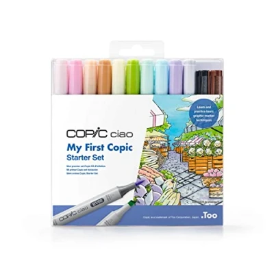 Abbildung von COPIC Ciao Set &quot;My First Copic&quot;, Starter mit 10 Twin Markern, 2 Multilinern Black und Sepia 0,3 mm, 3 Malvorlagen 8 Blatt Premiumpapier DIN A6, inkl. Anleitung
