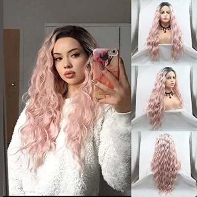 Abbildung von Ombré Perücke mit Rosa Wasserwellen, synthetische Lace Front Perücke, Haarperücken für Damen, hitzebeständig, Cosplay Party 66 cm (Ombré