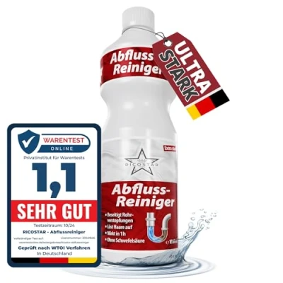 Abbildung von Ricostar Abflussreiniger 1000ml Extra starker Rohrreiniger gegen Verstopfungen, Haare &amp; Gerüche Rohrfrei für Küche, Bad, Dusche Waschbecken Made in Germany