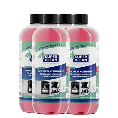 Abbildung von SUPER CLEAN 4 x 1000ml Universal Entkalker Kaffeevollautomat Flüssig Für alle Maschinen &amp; Marken 40 Entkalkung Effektiver Flüssigentkalker von Kaffeemaschinen, Wasserkocher Duschen