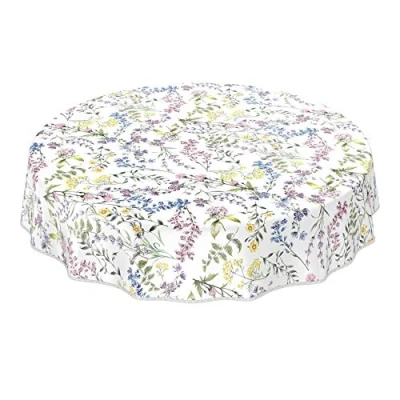 Abbildung von ANRO Wachstuch Tischdecke abwaschbar Wachstuchtischdecke Wachstischdecke Blumenmotiv Weiß Rund 140cm mit Saum Eingefasst