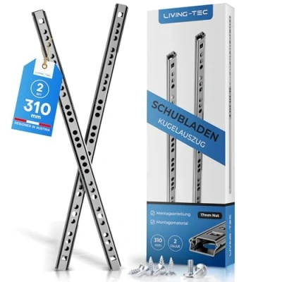 Abbildung von LIVING TEC® Schubladenschienen 310mm x 17mm Nut 2Paar Gleitschiene inkl. Montageschrauben Schubladenauszug Schubladenauszüge Auszugsschienen Schienen für Schubladen Schienensystem Auszüge