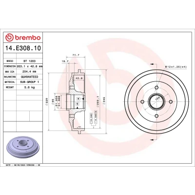 Abbildung von BREMBO 14.E308.10 Bremstrommel ohne Radlagersatz 203,1 PEUGEOT: 206 Schrägheck, 206+ Limousine, CITROËN: C2 C3 Pluriel
