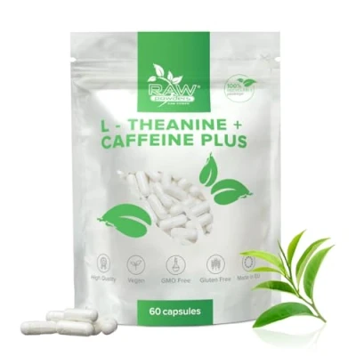 Abbildung von L Theanine 250mg + Caffeine 100mg, 60 Caps Unterstützung für Entspannung &amp; Fokus Reine Zutaten, GMO Glutenfrei GMP zertifiziertes Nahrungsergänzungsmittel von Raw Powders