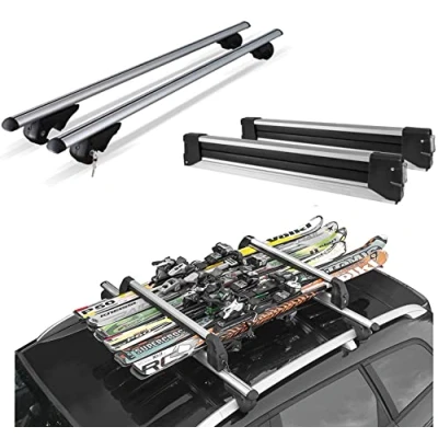 Abbildung von Dachträger aus Aluminium + Skihalter, 6 Paar Ski oder 4 Snowboards für DACIA DUSTER III ab 2018 mit offenem Railing