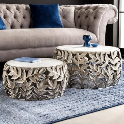 Abbildung von riess ambiente Couchtisch ABSTRACT LEAF Ø70cm weiß / silber (Set, 2 St), Wohnzimmer · Marmor Metall rund Blatt Design handmade modern