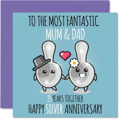 Abbildung von Stuff4 Süße silberne Jubiläumskarte für Mama und Papa 25 Jahre zusammen Glückwunschkarten zum 25. Hochzeitstag Mutter, 145 mm x mm, Grußkarten fünfundzwanzig Jubiläen