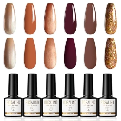 Abbildung von ROSALIND Gel Nagellack 6 Farben Shellac Gelb Dunkelbraun UV Glitzer Nail Polish Soak Off UV/LED Lacke für Nägel Herbst und Winter Art DIY,8ml