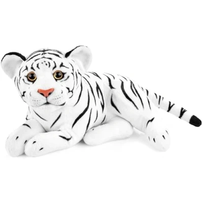 Abbildung von BRUBAKER Tiger Kuscheltier 30 cm Stofftier Baby Plüschtier Raubkatze Liegend Kinder Plüsch Spielzeug Weiß
