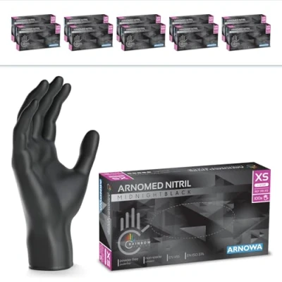 Abbildung von 1000 Stück (10x100) ARNOMED Einweghandschuhe Schwarz, Einmalhandschuhe XS, Nitril Handschuhe Einweg, Nitrilhandschuhe puderfrei, Gummihandschuhe Schutzhandschuhe in S, M, L, XL, XXL