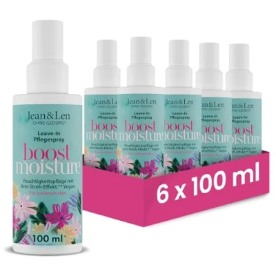 Abbildung von Jean &amp; Len Boost Moisture Leave In Pflegespray, im praktischen Set, für trockenes Haar, mit Anti Stroh Effekt, Haarpflege, glänzendes ohne Parabene Silikone, vegan, 6 x 100 ml