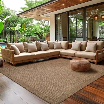 Abbildung von SIMPEX Outdoor Teppich Wetterfest Terrasse Balkon Garten Küchenteppich Einfarbiges Design Flachgewebe Sisal Look Waschbarer Teppich, Größe: 80 x 250 cm, Farbe: Braun