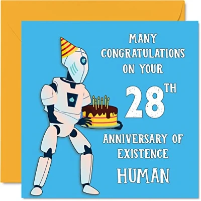 Abbildung von Lustige Geburtstagskarte zum 28. Geburtstag für Männer und Frauen, Roboter Droide, Happy Birthday Karte Sohn, Tochter, Bruder, Schwester, Onkel, Tante, Nichte, Neffe, Cousin, 145 mm x mm,