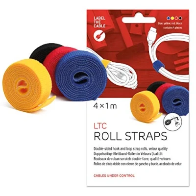 Abbildung von LABEL THE CABLE® 4x1m Klettband beidseitig bunt, Klett Kabelbinder in jeder Länge aus doppelseitigem zum Bündeln und Markieren von Kabeln, für das Perfekte Kabelmanagement Velours Qualität