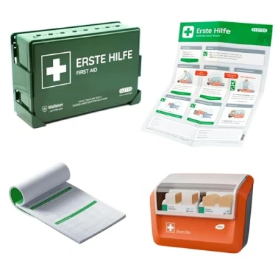 Abbildung von Betriebsverbandkasten nach Neuer DIN 13157:2021 mit Wandhalterung gemäß ASR Verbandskasten Erste Hilfe Kasten FLEXEO Koffer für Betriebe Wandmontage First aid (Komplettpaket Premium)