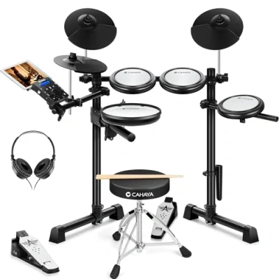 Abbildung von CAHAYA Electric Drum Sets mit Trommelhocker: Tragbares Elektronische Schlagzeug Kit leisen Mesh Pads für Kinder Anfänger, E 350 Sounds Unterstützt Kopfhörer