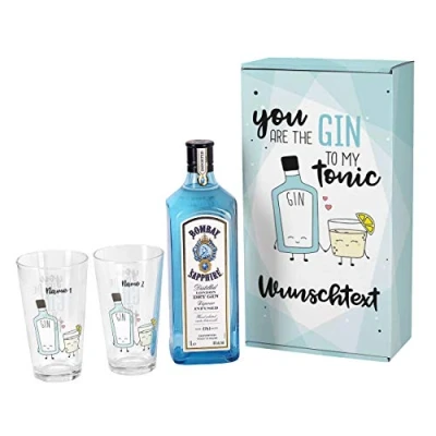 Abbildung von Herz &amp; Heim® Gin Geschenkset You are the to my Tonic mit 1 l Bombay Sapphire und 2 bedruckten Longdrinkgläsern schöner Verpackung Wunschnamen Wunschtext