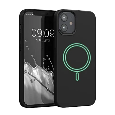 Abbildung von kwmobile Hülle kompatibel mit Apple iPhone 12 Mini magnetisches Silikon Case MagSafe Cover gummiert Schwarz