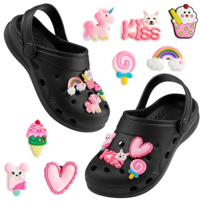Abbildung von CityComfort Clogs Kinder, Gartenschuhe Sommerschuhe Mädchen mit Anhängern (Schwarz/Rosa, 31/32 EU)