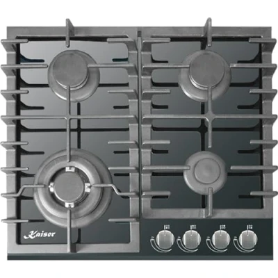 Abbildung von Kaiser KCG 6383 Gas Kochfeld 60cm, Autark, Gaskochfeld, auf Schwarzem Glas,Glaskeramik Gaskochfeld Einbau, Gasherd 3,8 kW Wok mit Adapter, 4 flammig, Erdgas, Fl.Gas