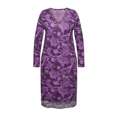 Abbildung von Ulla Popken Floral LONG Sleeve Nachthemd, Damen, Größe: 42/44, Aubergine