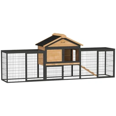 Abbildung von PawHut Kleintierstall 2 Ebenen, mit Satteldach, Freilaufgeheg, aus Vollholz, 217 x 53 86 cm, Outdoor, für Hasen, Kaninchen, Gelb