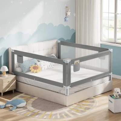 Abbildung von WOLTU Bettschutzgitter, Bettgitter Rausfallschutz 200 cm x 2 + 150 1, Einziehbare Kinderbettgitter mit Luftiges Netz, Boxspringbett höhenverstellbar 69 87 cm, Dunkelgrau