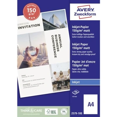 Abbildung von AVERY Zweckform 2579 100 Superior Inkjet Papier (100 Blatt, 150g/m², DIN A4 Papier, einseitig beschichtet, matt, FSC, Tintenstrahldrucker, Druck mit idealer Farbwiedergabe, sofort trocken &amp; wischfest)
