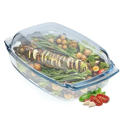 Abbildung von KADAX Auflaufform aus hitzebeständigem Glas, feuerfestes Gefäß, Glasbräter mit Deckel und Griffe, Geschirr zum Braten, Backofen, Elektroherd, für Lasagne, Fleisch, Transparent (rechtseckig, 5L)