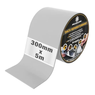 Abbildung von HSS® Dach Reparaturband, MicroSealant Klebstoff, effektiv, beständig und universell einsetzbar, wasserdichtes Klebeband, verbessertes Butylband, SKZ geprüft (Grau, 300mm/5m)