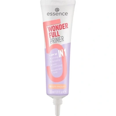 Abbildung von essence WONDER FULL PRIMER 5 IN 1, Nr. 10, Nude, feuchtigkeitsspendend, mattierend, pflegend, matt, vegan, ölfrei, UVA und UVB Filter + SPF 30, ohne Parabene, 1er Pack (30ml)