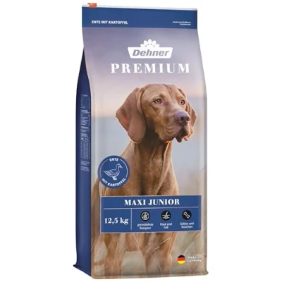 Abbildung von Dehner Premium Hundefutter Maxi Junior, Trockenfutter getreidefrei, für Welpen und junge Hunde großer Rassen, Ente / Lamm Kartoffel, 12.5 kg