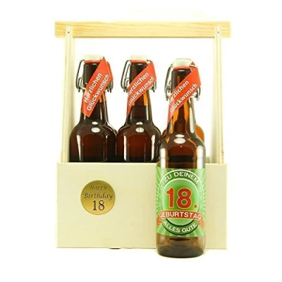 Abbildung von Bier Geschenk zum 18.Geburtstag Geburtstagsgeschenk achtzehnter Geburtstag 6 er Holz Träger mit Fl.