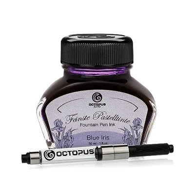 Abbildung von Octopus Fluids Füllhaltertinte im Tintenglas inklusive Konverter, Schreibtinte für Füllhalter, Füllertinte in Pastell Violett Blue Iris 30ml