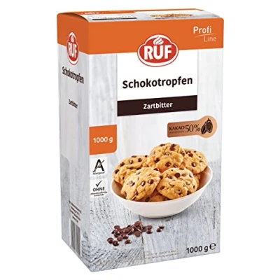 Abbildung von RUF Schoko Tröpfchen Zartbitter Familienpackung, mind. 50% Kakaogehalt, zum Backen und Dekorieren von Torten, Kuchen, Cookies Desserts, glutenfrei vegan, 1 kg Vorratspack