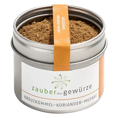 Abbildung von Zauber der Gewürze Kreuzümmel Koriander Muskat Mischung, ayurvedische Gewürzmischung gemahlen, 100% naturrein, ohne Zusätze, Spitzenqualität in wiederverschließbarer Aroma Dose, 45 g