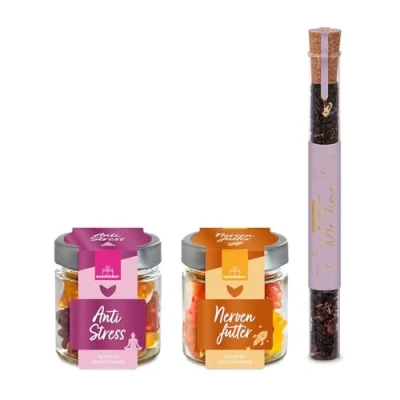 Abbildung von Tee Geschenkset Schwarztee, Nervenfutter &amp; Anti Stress Fruchtgummi Me Time Geschenk für Frauen, Freundin und Beste gegen Zur Erholung Entspannung