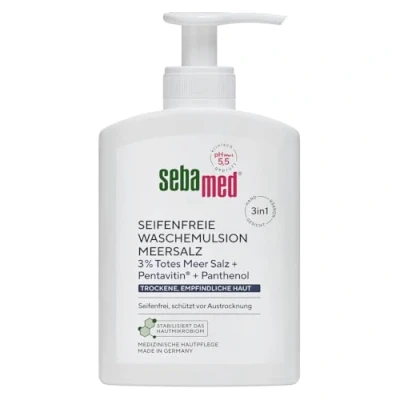 Abbildung von SEBAMED seifenfreie Waschemulsion Meersalz mit Spender 200 ml, für eine besonders milde Reinigung der trockenen und empfindlichen Haut, zur Hand , Gesichts Körperreinigung geeignet
