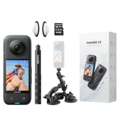 Abbildung von Insta360 X3 360 Grad Action Kamera x Fat Gecko, Premium Autohalterungs Kit für Fahrzeugdrohne / 3. Person/GTA Video inkl. unsichtbarem Selfie Stick, Objektivschutz + 64 GB