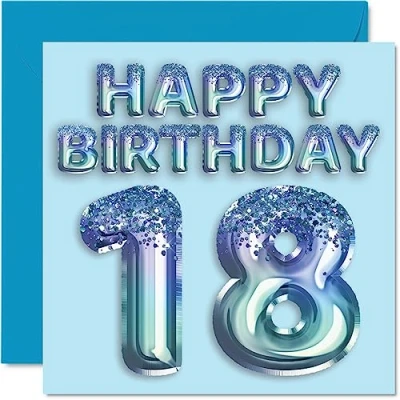 Abbildung von Geburtstagskarte zum 18. Geburtstag für Männer Blauer Glitzer Partyballon Happy Birthday Karten 18 Jahre alten Mann, Bruder, Sohn, Neffe, Onkel, 145 mm x mm, Grußkarten