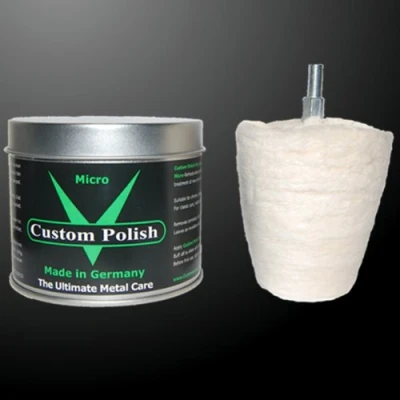 Abbildung von CUSTOM POLISH Micro Polierset 400g Chrompolitur Alu Politur Felgenpolitur + Polieraufsatz in Kegelform