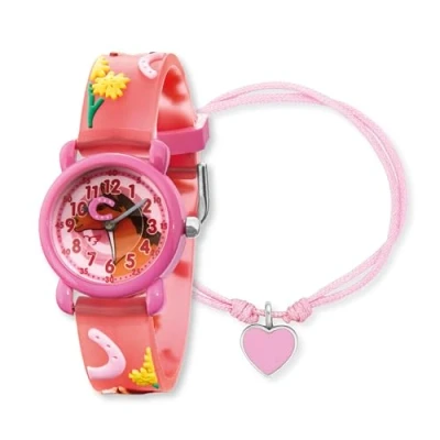 Abbildung von Herzengel Kinder Uhrenset mit Pferd Motiv analoge Armbanduhr, robustes Kunststoffgehäuse, weiches Band, 27mm, 3ATM passendem Nylonarmband und Stiftemäppchen
