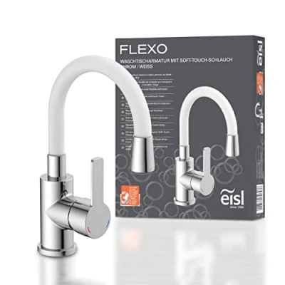 Abbildung von Eisl Waschtischarmatur &quot;Flexo&quot;, energiesparender Wasserhahn, Mischbatterie Waschbecken, in Weiß/Chrom