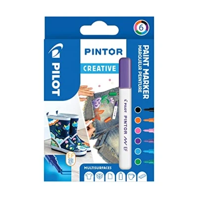 Abbildung von Pilot Pintor, Set Creative Mix, Packung mit 6 Filzstiften, mehrere Stifte auf Wasserbasis, schnelltrocknend Textil, Glas, Holz, Stein, DIY feine Spitze kreative Farben