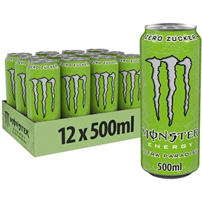 Abbildung von Monster Energy Ultra Paradise koffeinhaltiger Drink mit Kombination aus Apfel, Kiwi und Gurke ohne Zucker Kalorien in praktischen Einweg Dosen (12 x 500 ml)