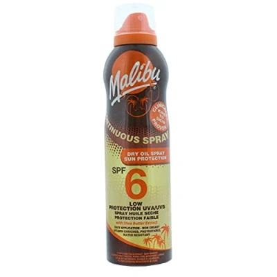 Abbildung von Malibu Niedriger Sonnenschutz, wasserabweisend, kontinuierliches Trockenöl Spray, LSF 6 mit Sheabutter Extrakt, 175 ml